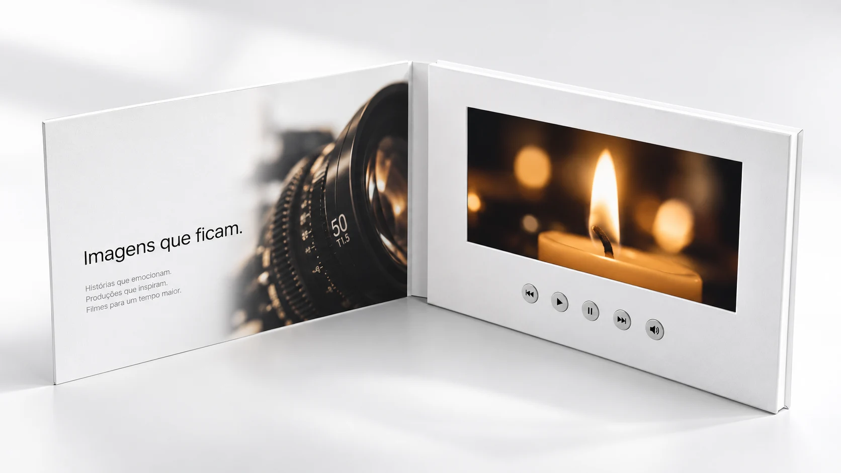 Illustrative visualisation of an open white brochure, with printed information on the left and a video screen on the right.