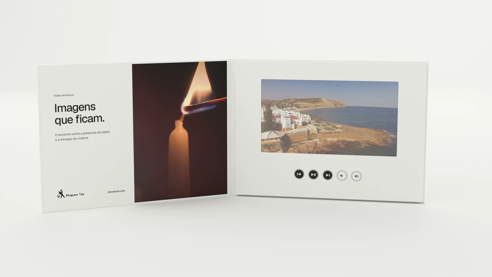 Illustrative model of the open white brochure, with print on the left and a screen on the right.