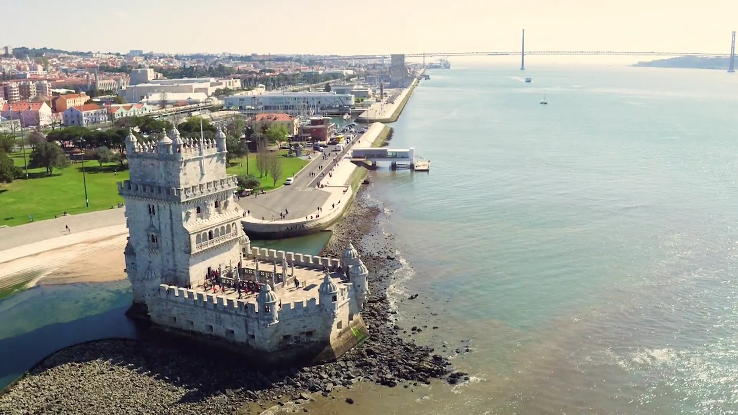An aerial view of Belém Tower and the Tagus river, from the Steven Tob showreel.